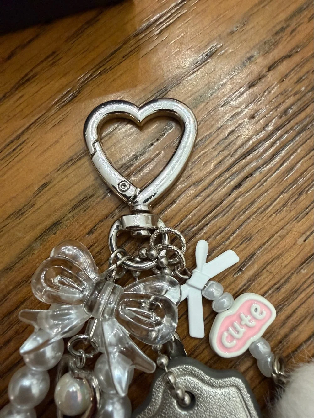 COACH Silver Hang Tag & White Pearl Charm Keychain with Heart, Bows and Pom